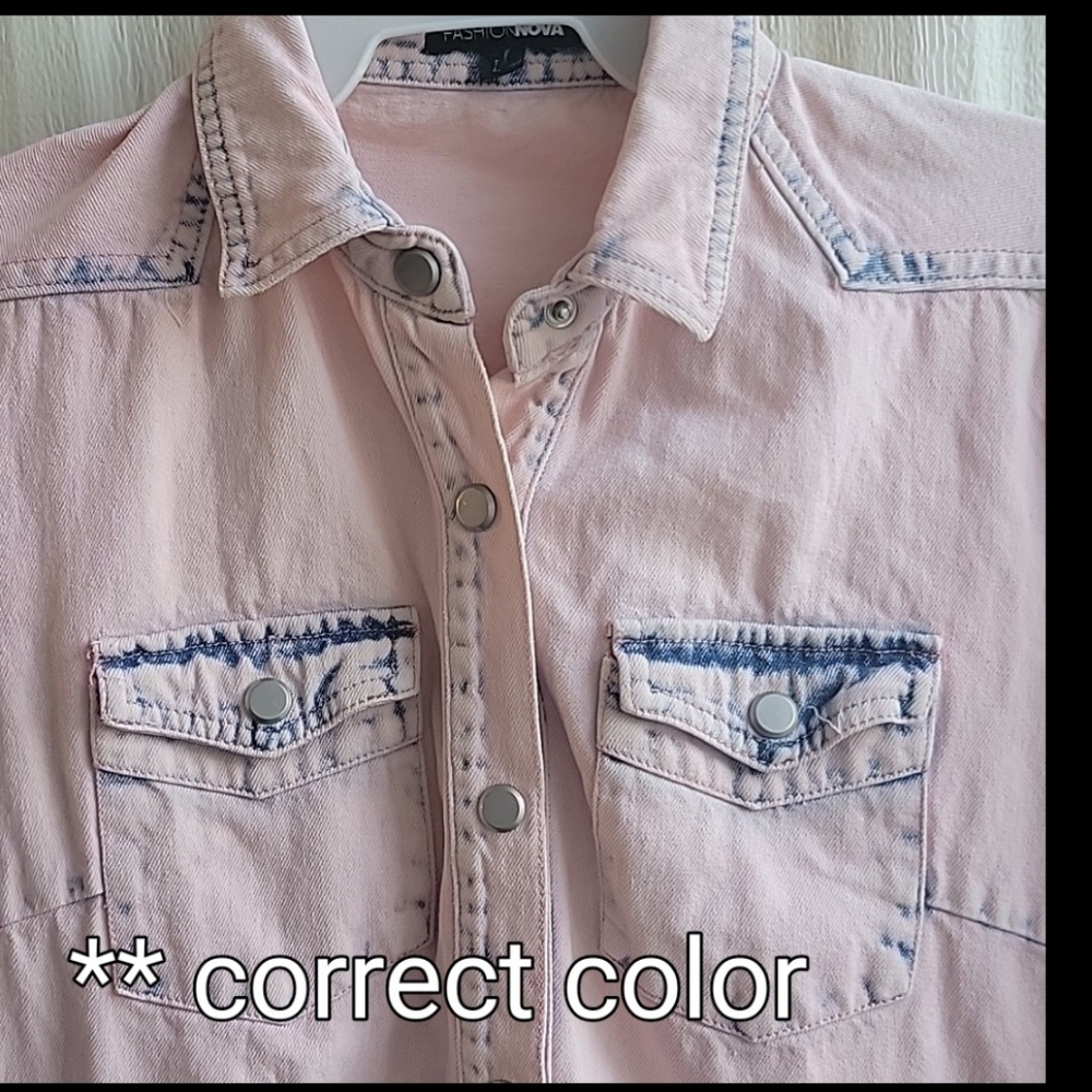 Fashion Nova L/S Distressed Pink Denim Shortalls/Romper Large EUC - Picture 2 of 14